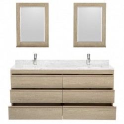 72 inch Double Bathroom Vanity in Ash Gray, White Carrera Marble Countertop, Undermount Square Sinks, and 24 inch Mirrors