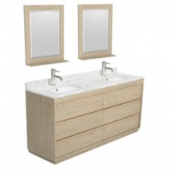 72 inch Double Bathroom Vanity in Ash Gray, White Carrera Marble Countertop, Undermount Square Sinks, and 24 inch Mirrors
