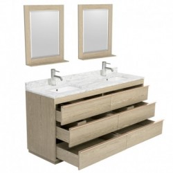 72 inch Double Bathroom Vanity in Ash Gray, White Carrera Marble Countertop, Undermount Square Sinks, and 24 inch Mirrors