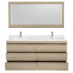 72 inch Double Bathroom Vanity in Ash Gray, White Carrera Marble Countertop, Undermount Square Sinks, and 70 inch Mirror
