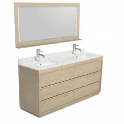 72 inch Double Bathroom Vanity in Ash Gray, White Carrera Marble Countertop, Undermount Square Sinks, and 70 inch Mirror