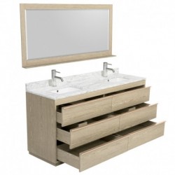 72 inch Double Bathroom Vanity in Ash Gray, White Carrera Marble Countertop, Undermount Square Sinks, and 70 inch Mirror