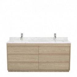 72 inch Double Bathroom Vanity in Ash Gray, White Carrera Marble Countertop, Undermount Square Sinks, and No Mirror