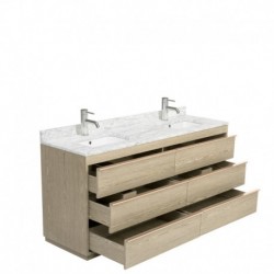 72 inch Double Bathroom Vanity in Ash Gray, White Carrera Marble Countertop, Undermount Square Sinks, and No Mirror