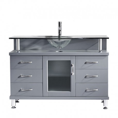 Vincente 48" Single Bath Vanity, Gray, Clear Tempered Glass Top and Round Sink